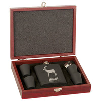 6 oz. Matte Black Laserable Stainless Steel Flask Set in Wood Presentation Box