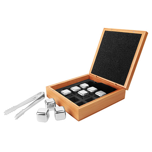 Stainless Steel Whiskey Stone Set in Bamboo Case - 6 1/4" x 6 3/4"